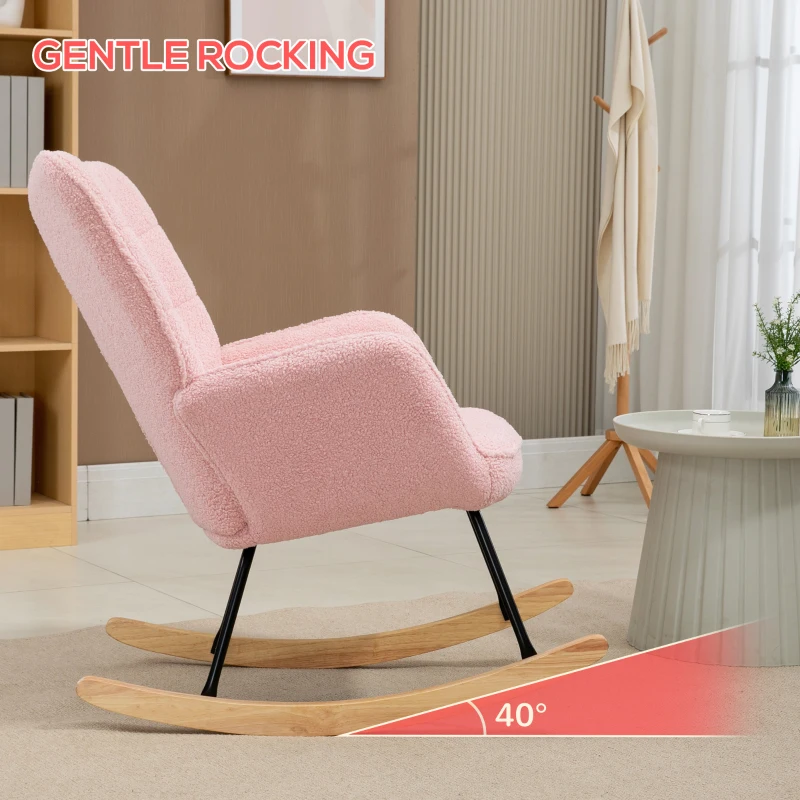 HOMCOM Accent Rocking Chair, Berber Fleece Nursery Glider Rocker, Modern Armchair, Wingback Chair for Living Room and Bedroom, Pink