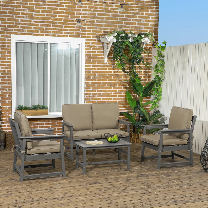 Outsunny Set de Mobilier de Grădină cu Canapea, 2 Fotolii și Măsuță din HDPE cu Perne, Gri Închis