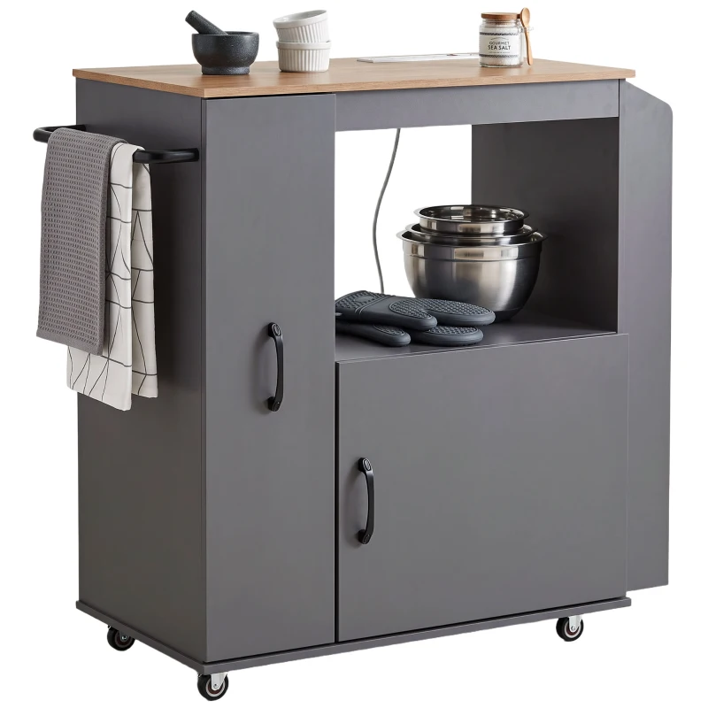HOMCOM Kitchen Trolley on Wheels, Rolling Kitchen Island Cart with Power Outlet, Cabinet, Pull-Out Drawer, Grey