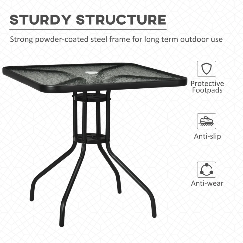 Outsunny Square Garden Dining Table with Tempered Glass Top & Umbrella Hole, 76 x 76 cm