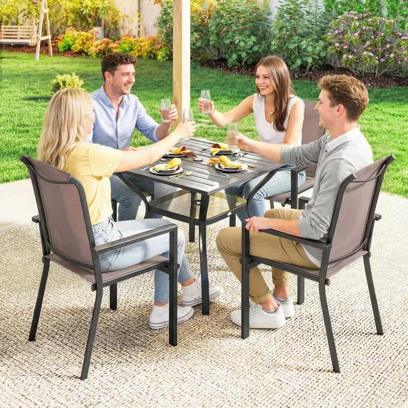 Outsunny 5 Pieces Outdoor Dining Set for 4, Garden Table and Stackable Chairs with Breathable Mesh Seat, Grey and Khaki