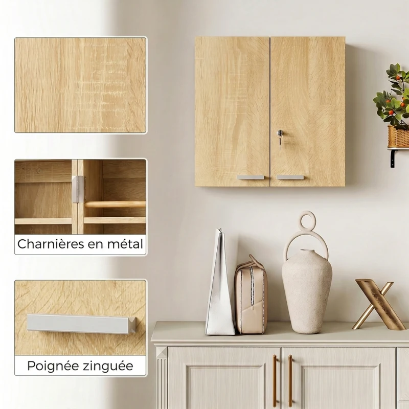 HOMCOM Armoire à pharmacie murale, armoire à médicaments avec double porte verrouillable 2 clés, 53x20x53cm, chêne