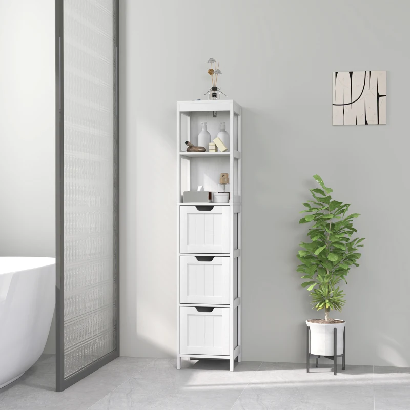 HOMCOM Badkamerkast met 3 Laden en 2 Open Schappen, Smalle Opbergkast voor Kleine Badkamer, Waterafstotend Materiaal, Wit
