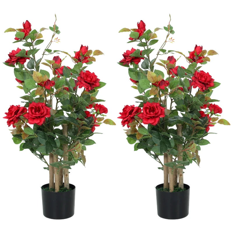 HOMCOM 90cm Artificial Rose Tree Set of 2, Decorative Fake Plant with 344 Silk Leaves 17 Flowers for Outdoor Indoor Decor, Red