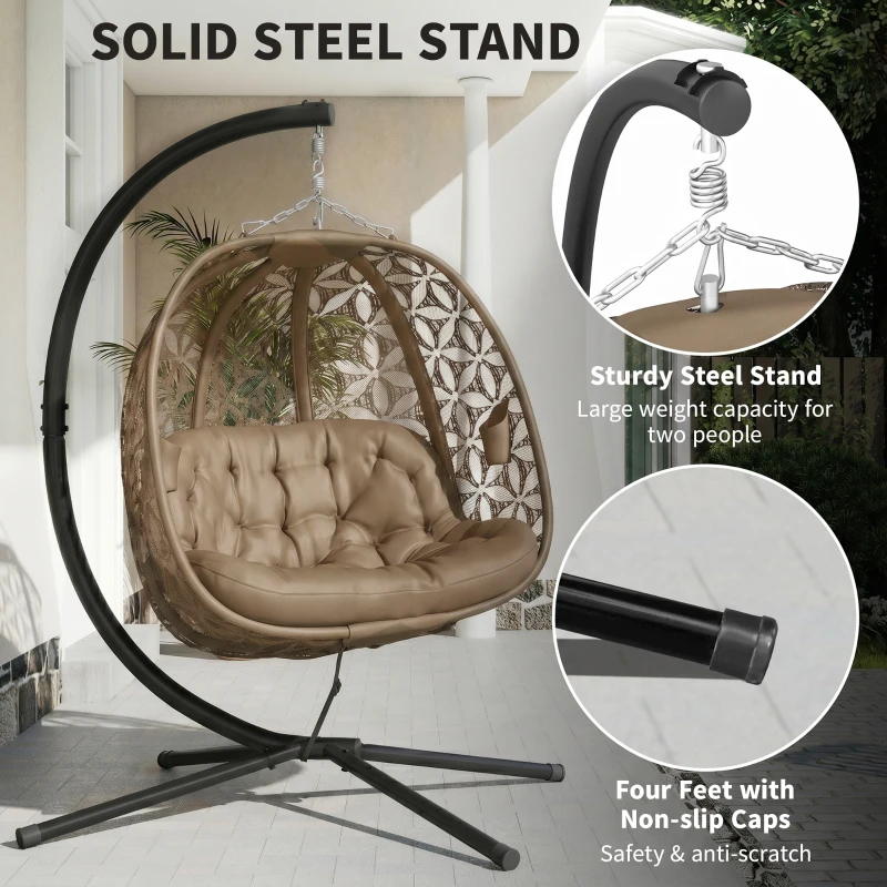 Outsunny Outdoor Double Hanging Chair, Swing Chair with Metal Stand, Thick Padded Cushion, Foldable Basket and Cup Holders, for Indoor and Outdoor, Sand Brown