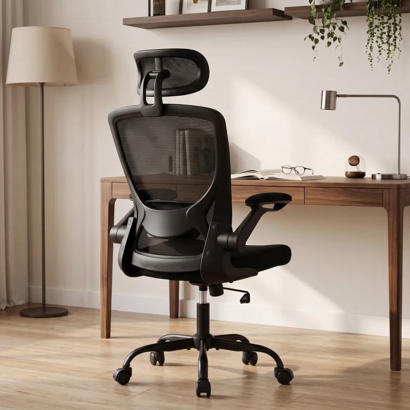 HOMCOM Scaun de birou ergonomic din plasă, cu tetieră reglabilă, negru