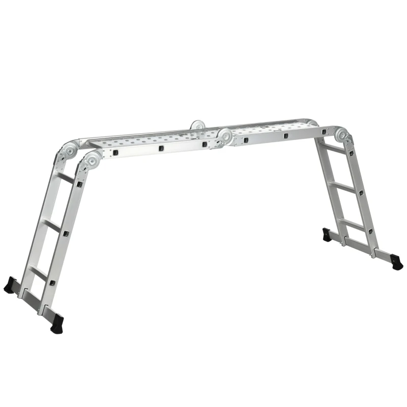 DURHAND Escada Telescópica 5 em 1 Dobrável Escada Multifuncional com Plataformas Removíveis 12 Degraus 339x76x10cm Prata
