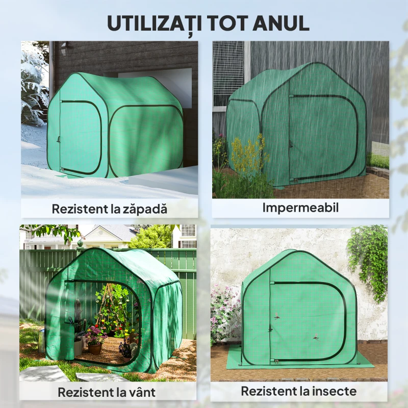 Outsunny Seră tip căsuță pliabilă cu intrare cu fermoar, din oțel și PE, 150x148x148 cm, verde