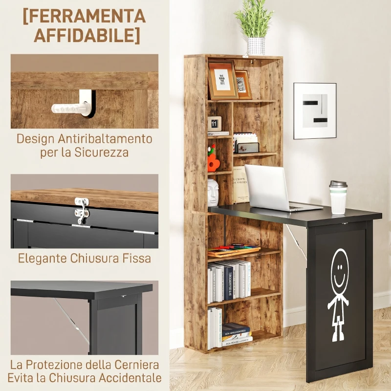 HOMCOM Scrivania Moderna Pieghevole con Libreria e Lavagna, in Legno e Metallo, 98x51x153 cm, Marrone Rustico