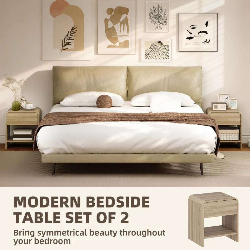 HOMCOM Bedside Tables Set of 2, Nightstands with Rounded Corners, Modern Side Table with Silent Drawer for Bedroom, Natural