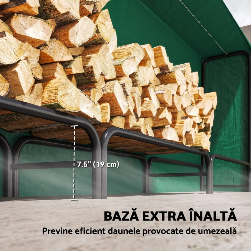 Outsunny Suport pentru Lemne 1 m³, Reglabil, cu Husă Impermeabilă din PE, Metal, 360 x 36 x 99 cm, Negru și Verde Închis