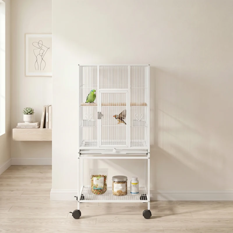 PawHut Bird Cage Detachable with Rolling Stand Parrot Cage with Storage Shelf White