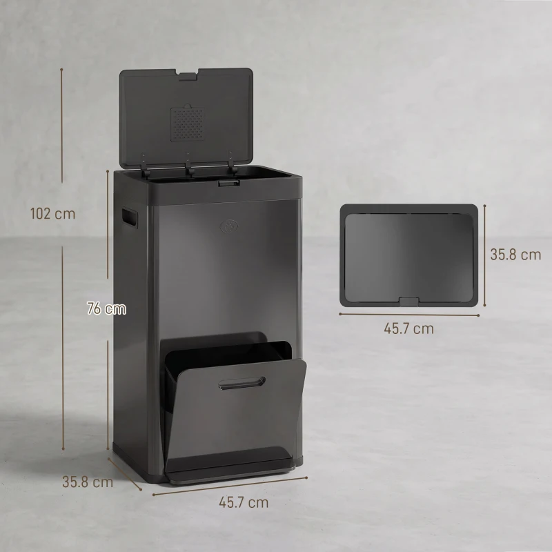 HOMCOM Coș rectangular cu pedală, coș bucătărie 56 L, 3 compartimente, închidere silențioasă, oțel inox, 45,7x35,8x76cm negru