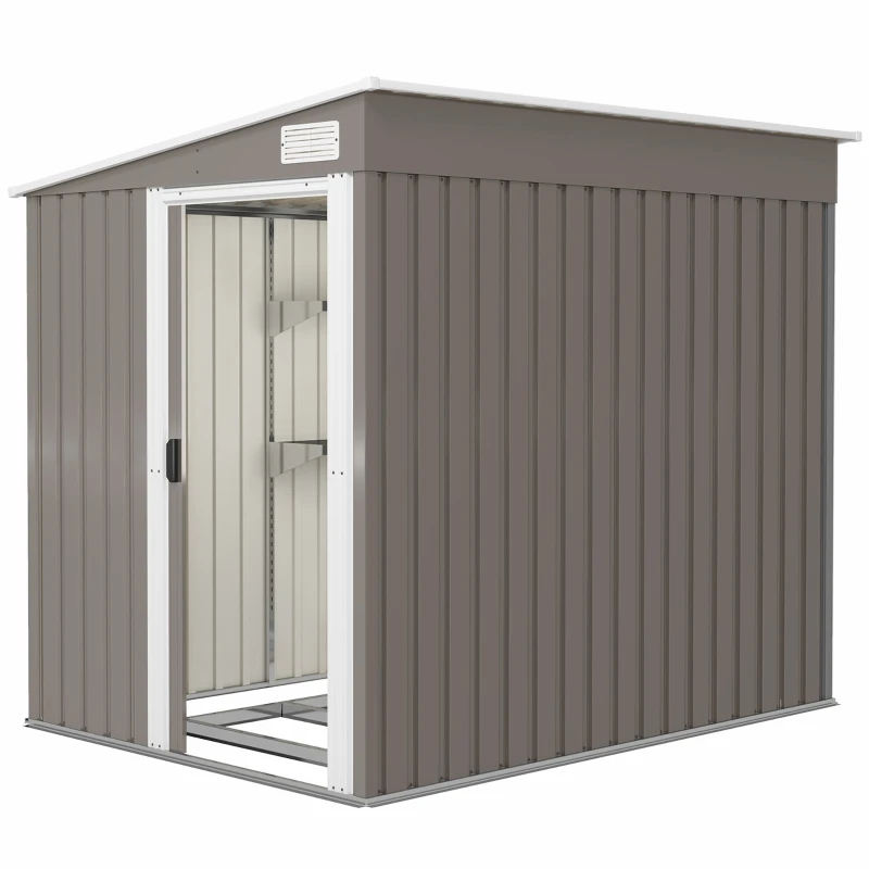 Outsunny Capanno Attrezzi in Metallo 1.5x2m con Base, Porta Scorrevole e Tetto Inclinato, Grigio Chiaro