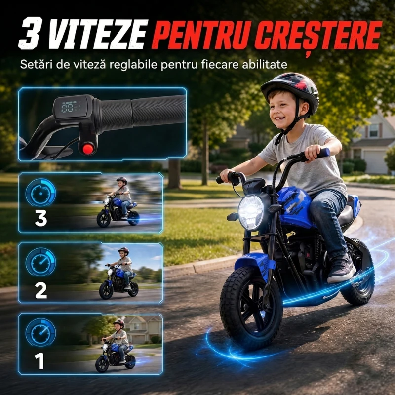 AIYAPLAY Motocicletă electrică pentru copii, stil Harley, 24 V, 6-12 ani, roți din cauciuc 30 cm, albastră