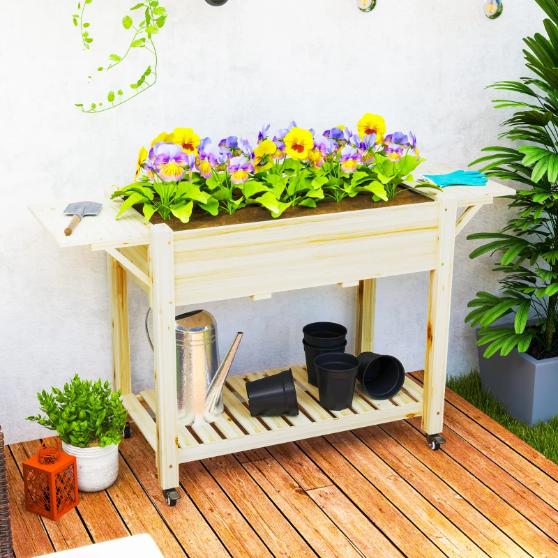 Outsunny Jardinera Elevada con Ruedas Repisas Plegables y Estante 145x52x86 cm Sistema de Drenaje y Estructura de Madera Natural