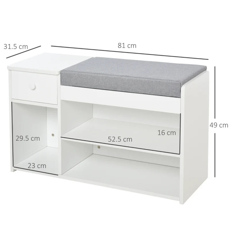 HOMCOM Bancă pentru încălțăminte cu pernă, sertar și 3 compartimente deschise din lemn, 81x31.5x49cm, Alb