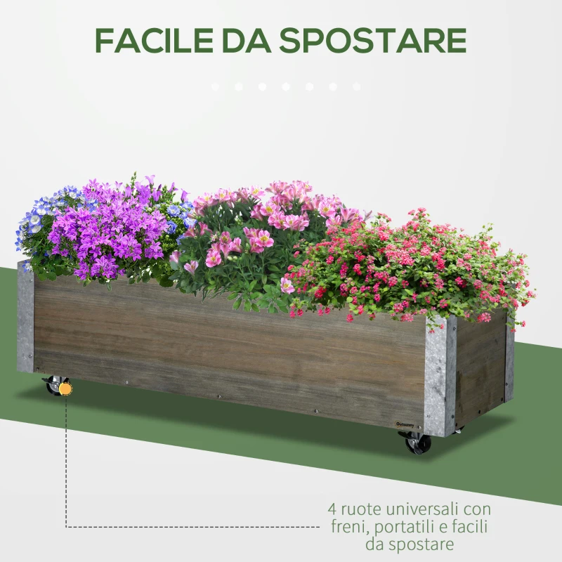 Outsunny Fioriera Rettangolare in Legno di Abete con Ruote e Freno, 96x30.6x30 cm, Grigio