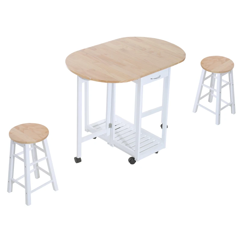 HOMCOM 3 Pieces Dining Room Set, Mobile Foldable Dining Table and 2 Stools with Storage Shelf, 2 Drawers and 6 Wheels, Drop Leaf Bar Table and Stools for Home Kitchen Pub, White