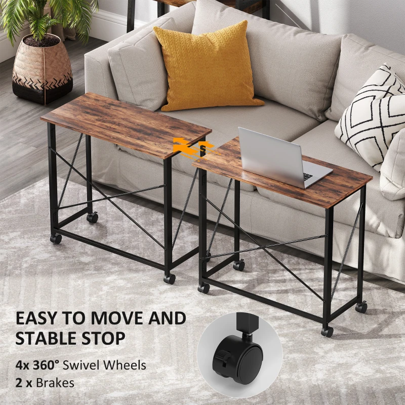 HOMCOM 80 cm Folding Desk on Wheels - Rustic Brown