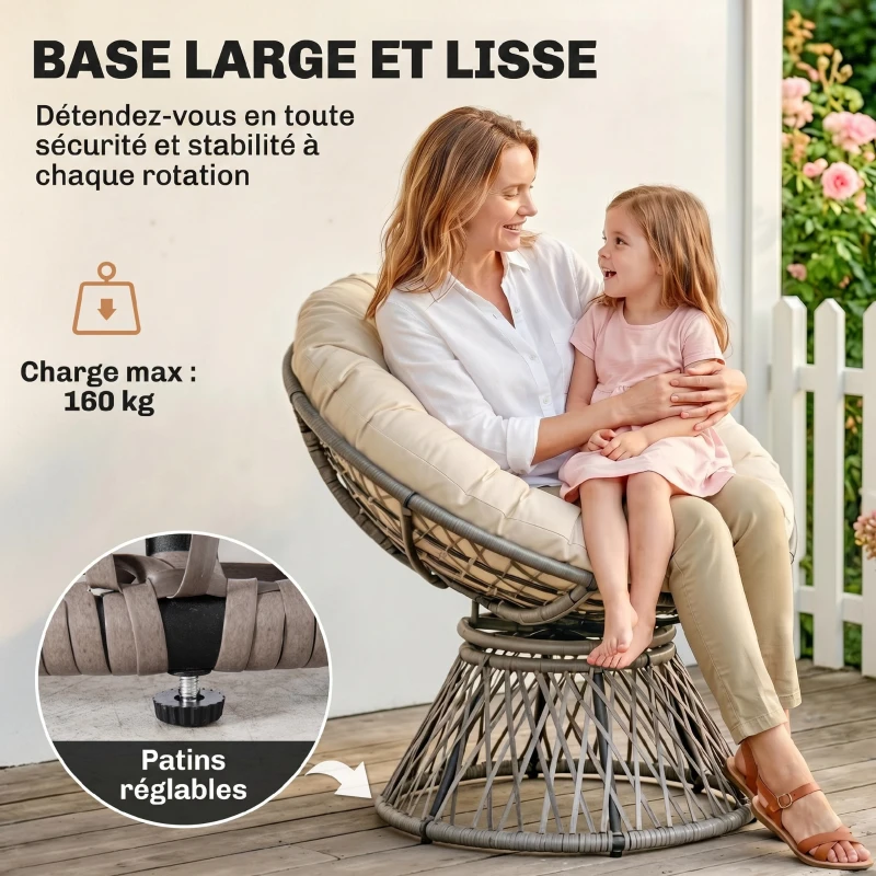 Outsunny Fauteuil rond de jardin fauteuil papasan pivotant Ø 97 x 90H cm grand coussin fourni polyester résine tressée