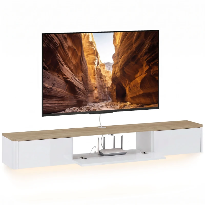 HOMCOM Comodă Tv Suspendată Până la 65", cu 2 Sertare, Dulap, Iluminare Led Rgb și Priză Integrată, Alb și Aspect Lemn