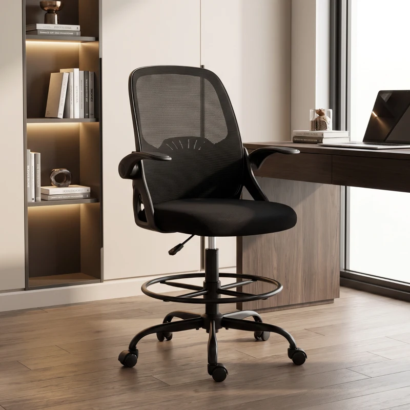 HOMCOM Scaun de Birou Ergonomic din Plasă, cu Suport Lombar și Suport pentru Picioare Reglabil, Cotiere Rabatabile, Negru
