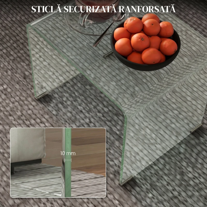 HOMCOM Măsuță modernă din sticlă securizată pentru living, design monobloc, 50x40x45 cm, transparentă
