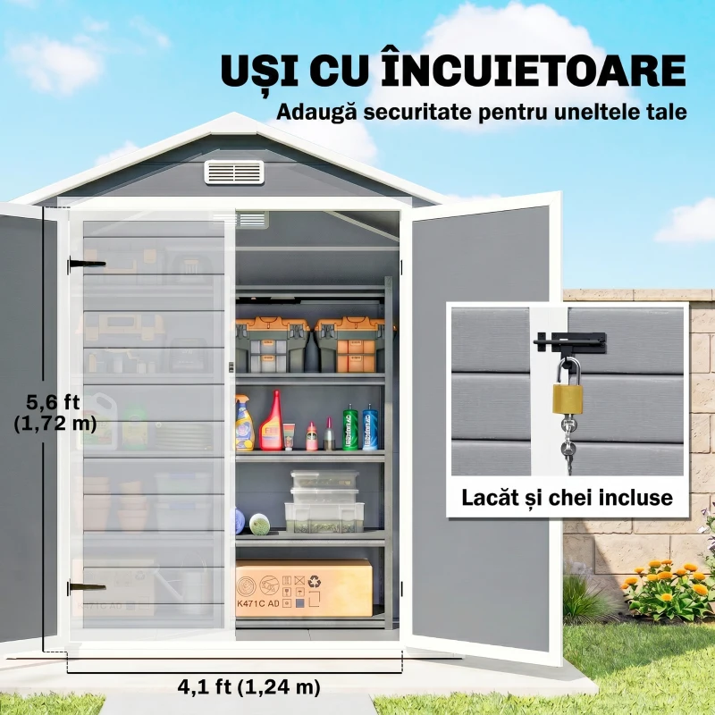 Outsunny Căsuță de Grădină cu Fereastră și Uși Duble din PP și Aluminiu, 183x134x210 cm, Gri(m-7)