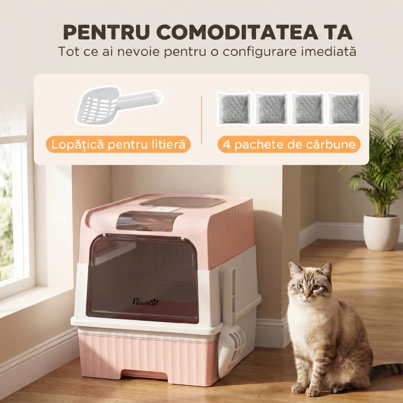 PawHut Litieră pentru Pisici cu Capac, Tavă Detașabilă, Anti Miros, 48x35x36 cm, Roz