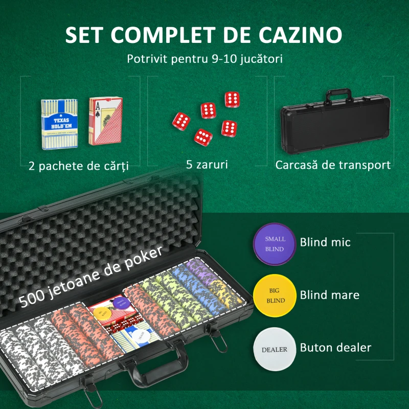 SPORTNOW Set Poker Complet cu 500 Jetoane, 5 Zaruri, 2 Pachete de Cărți, 3 Butoane