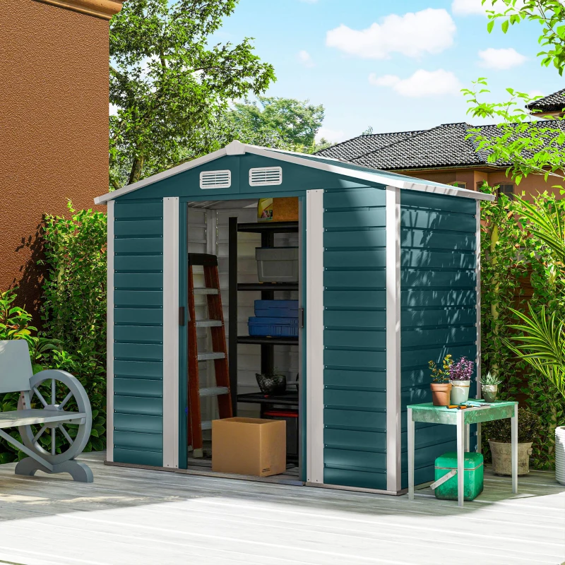 Outsunny Casetta da Giardino in Metallo con Porte Scorrevoli e Lucchetto con Chiavi, 2.1x1.2x1.9m, Verde