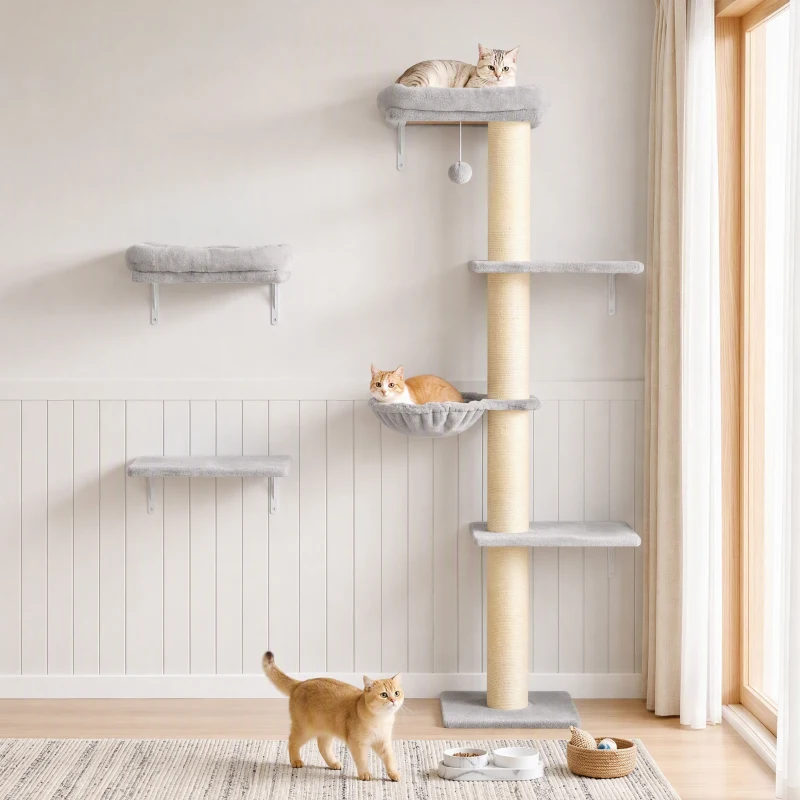 PawHut Kattenklimwand, 3-delige kattenwandset met krabpaal, platforms en hangmat