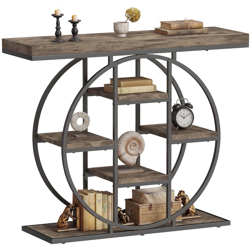 HOMCOM Masă consolă industrială cu rafturi și cadru circular din oțel, 100 x 30 x 81,5 cm, maro rustic