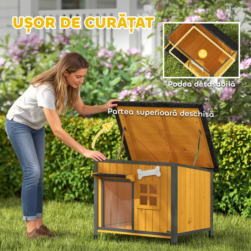 PawHut Cușcă pentru câini de exterior din lemn și oțel rezistent la mușcături, cu acoperiș rabatabil și perdea pentru ușă, galben