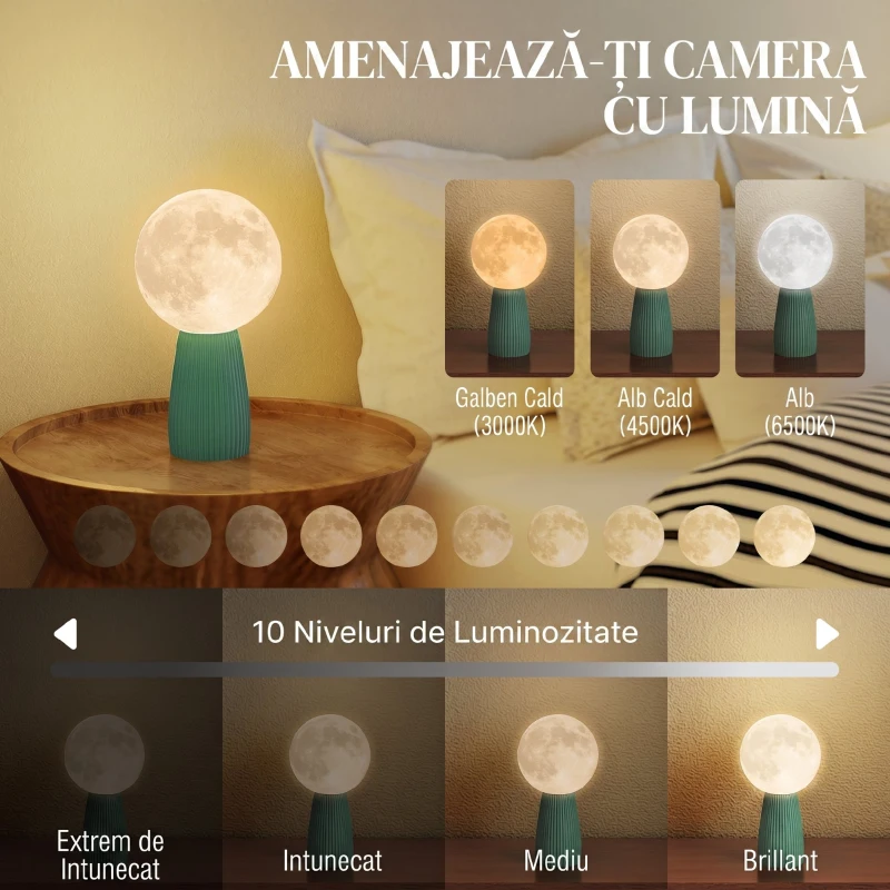 HOMCOM Lampă de Masă în Formă de Lună cu 3 Culori și 10 Niveluri de Luminozitate, din ABS, Ø15x28 cm, Alb și Verde Închis