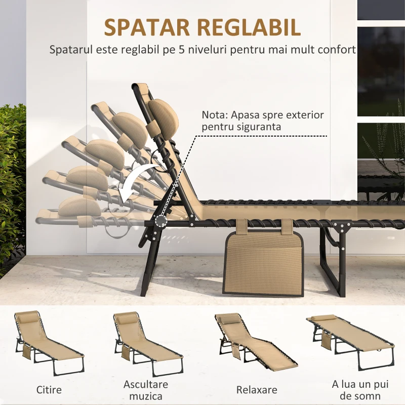 Outsunny Șezlong de Grădină Pliabil cu Spătar Reglabil pe 5 Niveluri, Bej