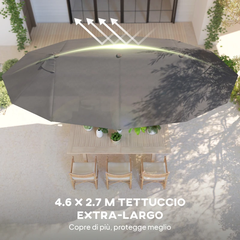Outsunny Ombrellone Doppio a 12 Stecche con Base a Croce e Manovella, in Acciaio e Poliestere, 455x265x238 cm, Grigio