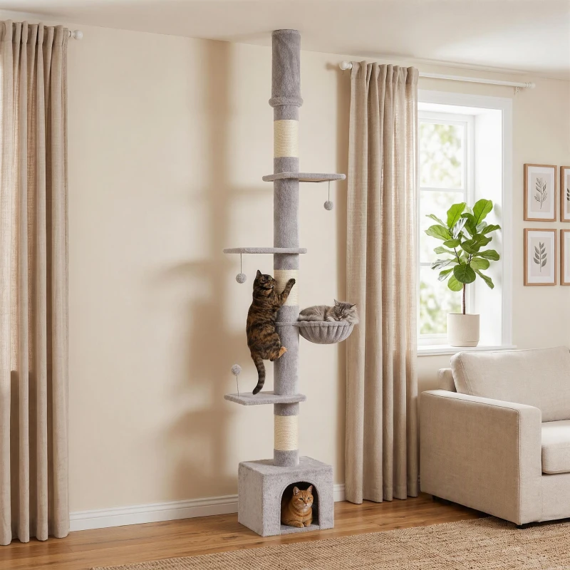 PawHut Floor to Ceiling Cat Tree, 230-250cm Multi-Level Cat Tower with Adjustable Height, Scratching Posts, Condo, Platforms