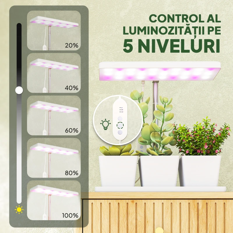 Outsunny Lămpi pentru Plante cu 30 de Lumini LED, 3 Ghivece, Temporizator și Iluminare Reglabilă, 31,8x13,4x18,6-35,6 cm, Alb