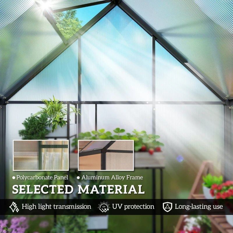 Outsunny 5.5 x 2ft Polycarbonate Greenhouse, Quick Setup Walk in Green House, Push Door, Adjustable Roof Vent, Rain Gutter, Black