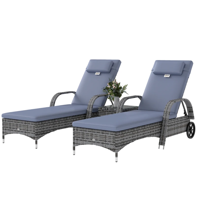Outsunny Conjunto de 2 Tumbonas con Cojín y Respaldo Ajustable 5 Posiciones y 1 Mesita de Ratán Sintético Color Gris