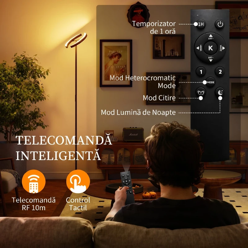 HOMCOM Lampă de Podea Reglabilă cu Telecomandă și Două Capete Rotative 350°, Reglare Temperatură Culoare 2700K-6000K, pentru Living și Dormitor, Negru