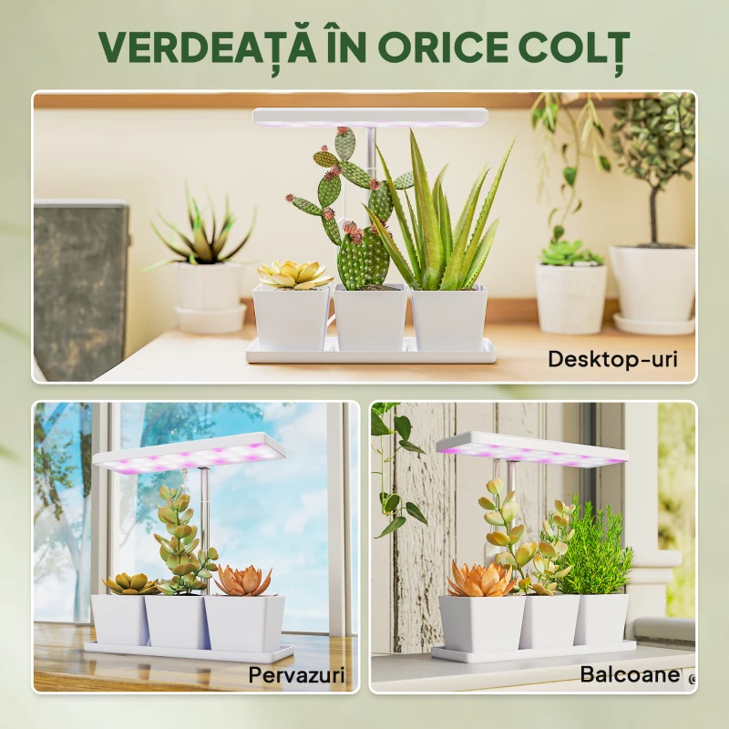Outsunny Lămpi pentru Plante cu 30 de Lumini LED, 3 Ghivece, Temporizator și Iluminare Reglabilă, 31,8x13,4x18,6-35,6 cm, Alb