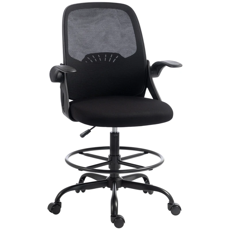 HOMCOM Cadeira Escritório Ergonómica em Rede, Suporte Lombar e Apoia-pés Reguláveis, Apoios de Braço Rebatíveis, Preta
