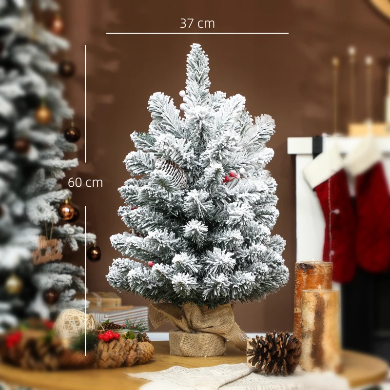 HOMCOM Mini Árvore de Natal Artificial com 35 Luzes LED 60 cm com 72 Ramos com Neve Pinhas Bagas e Base de Saco de Juta Ø37x60 cm Verde