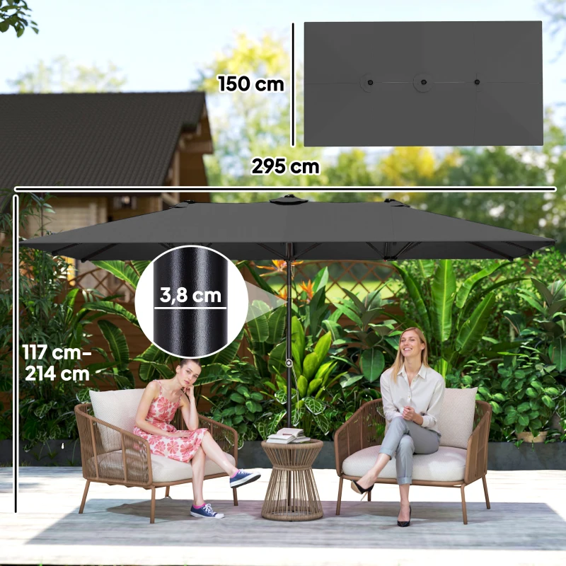 Outsunny Ombrellone Doppio Inclinabile e Regolabile con Cordicella, in Poliestere e Metallo, 150x295x170-214 cm, Grigio