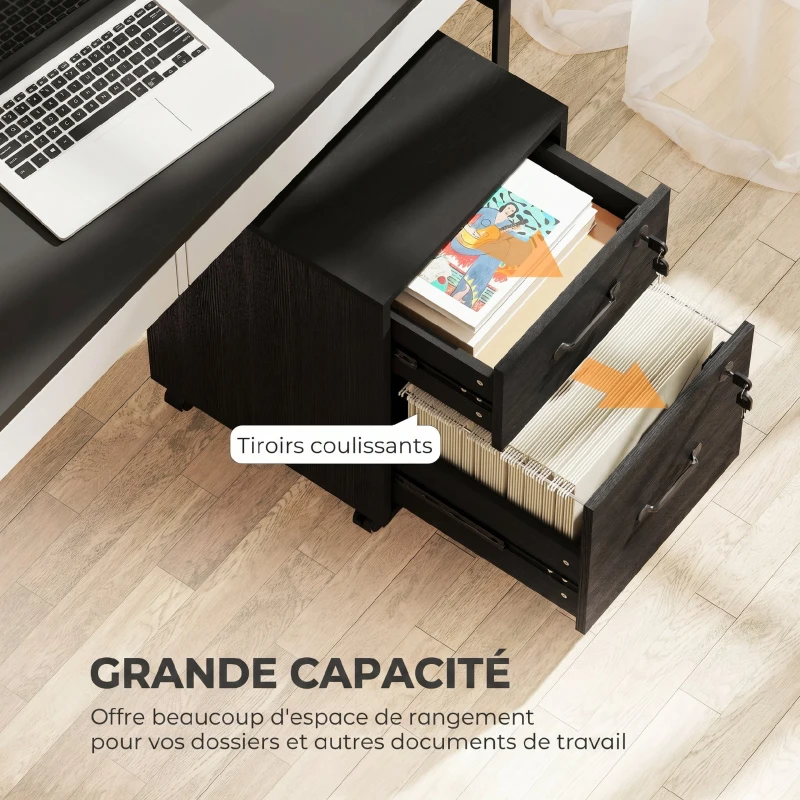 HOMCOM Caisson bureau mobile à 2 tiroirs, meuble rangement bureau sur roulettes pour documents suspendus format lettre, noir