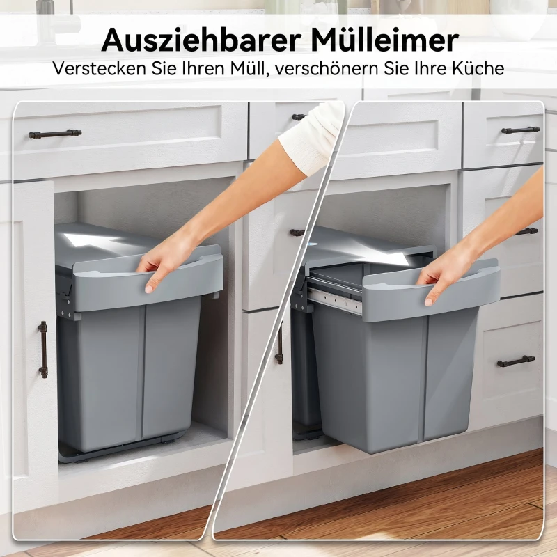 HOMCOM Coș de gunoi glisant sub chiuvetă pentru reciclare cu 2 găleți de 20L, 52x33.5x41 cm, Gri