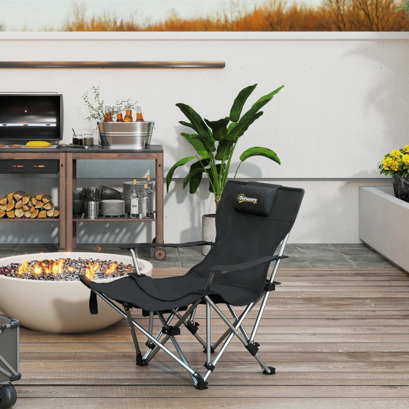 Outsunny Chaise de camping pliante fauteuil de pêche avec repose-pied amovible, appui-tête, porte-gobelet, sac de transport noir
